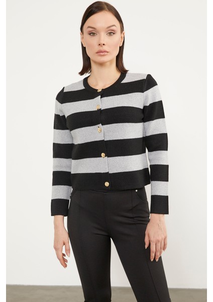 Çizgili Kısa Triko Hırka - Siyah