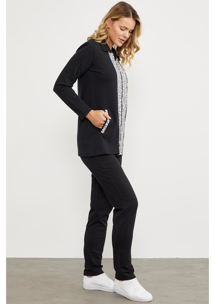 Yüksek Yaka Kumaş Garnili Eşofman Takım - Siyah fırsatları