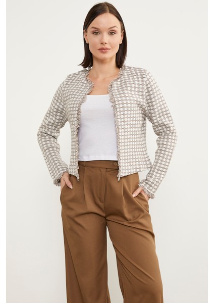 Ekose Desen Kısa Triko Ceket - Sütlü Kahve fiyatları