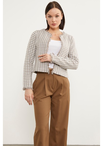 Ekose Desen Kısa Triko Ceket - Sütlü Kahve modelleri