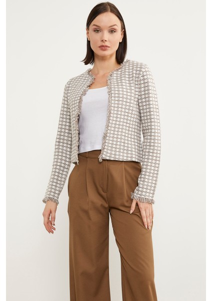 Ekose Desen Kısa Triko Ceket - Sütlü Kahve fırsatları
