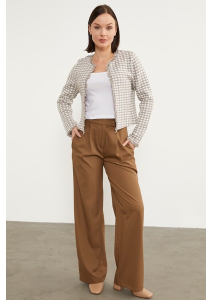 Ekose Desen Kısa Triko Ceket - Sütlü Kahve indirimleri