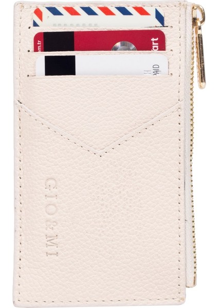 Seth Hakiki Deri Fermuarlı Kartlık Krem