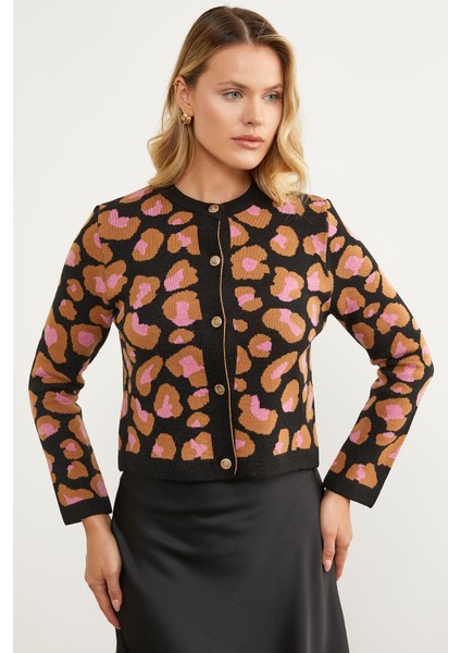 Leopar Desenli Triko Hırka - Siyah modelleri