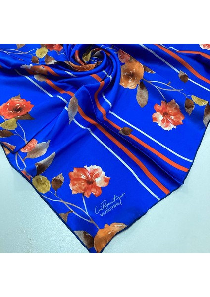 Saks Mavi Çiçek Desenli Sura Ipek Eşarp 1579-08