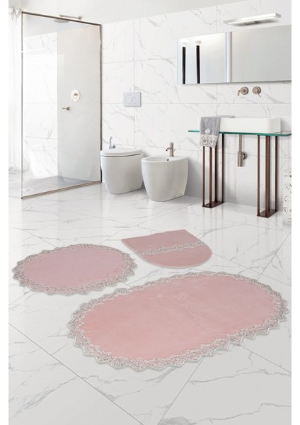 Bonny Home Venüs Pudra 3'lü Dantelli Banyo Paspası Seti Çeyizlik Klozet Takımı