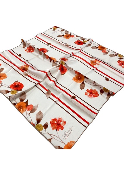 Ekru Çiçek Desenli Sura Ipek Eşarp 1579-02