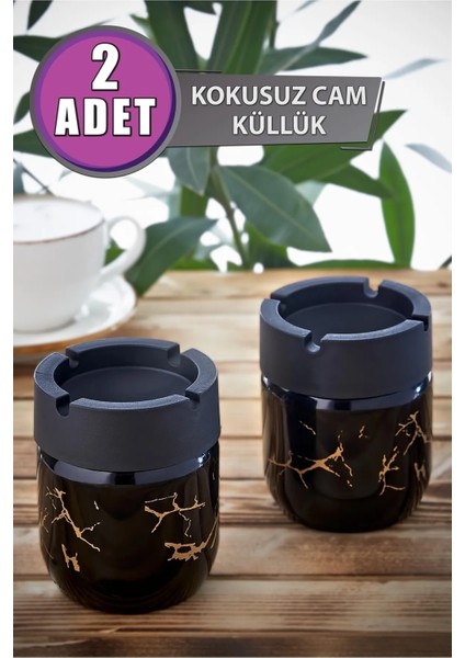 2 Adet Siyah Mermer Desenli Dekoratif Cam Kokusuz Küllük Seti 425 cc