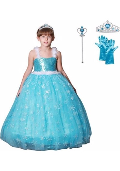 Prenses Elsa Askılı Kostüm Taç Asa Eldiven Hediyeli 1-12 Yaş