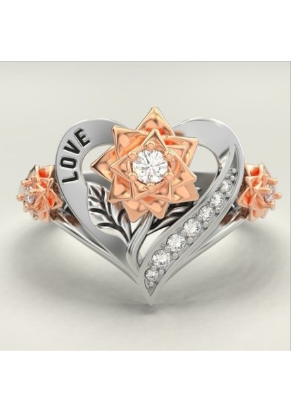 Pembe Altın Iki Tonlu Kalp Çiçek Yüzük (Yurt Dışından)