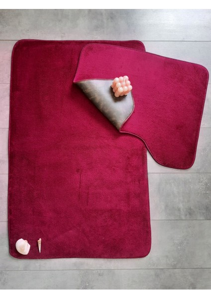 Ultrasoft Düz Mürdüm 2'li Banyo Halısı Paspası Seti Kaymaz Taban Makinede Yıkanabilir Klozet Takımı