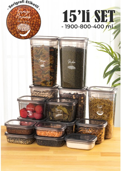 Peggy Dikdörtgen Saklama Kabı Seti 5x(1,9 0,8 0,4 lt)Serigrafi Etiketli 15'li