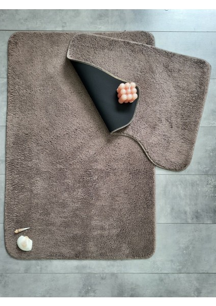 Ultrasoft Düz Kapuçino 2'li Banyo Halısı Paspası Seti Kaymaz Deri Tabanlı Yıkanabilir Klozet Takımı
