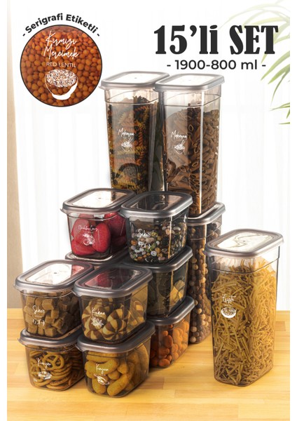 Peggy Dikdörtgen Saklama Kabı Seti 5x(1,9 lt) 10X(0,8 lt) Serigrafi Etiketli 15'li