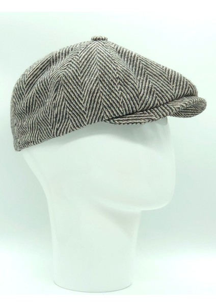 Kışlık Kaşe Yünlü Bej Balıksırtı Desenli 8 Parçalı Irish Stili Peaky Blinders Kasket Şapka