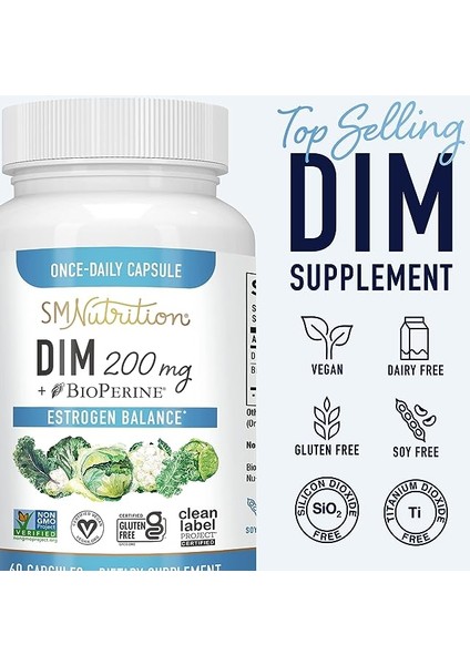 Dim 200 mg Bioperine Estrogen Balance Support 60 Capsules