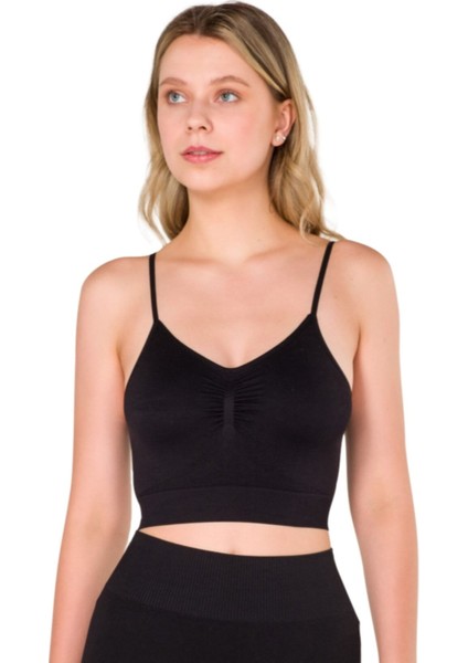 New Season Büzgülü Ince Askılı Dikişsiz Seamless Crop Top Büstiyer Siyah