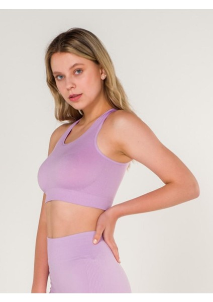 New Season Fitilli Çapraz Detaylı Crop Top Büstiyer Seamless Spor Sütyeni Lila