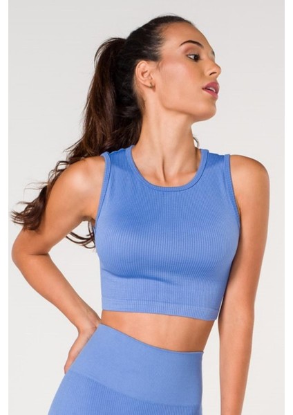 New Season Fitilli Crop Top Büstiyer Seamless Spor Sütyeni Mavi