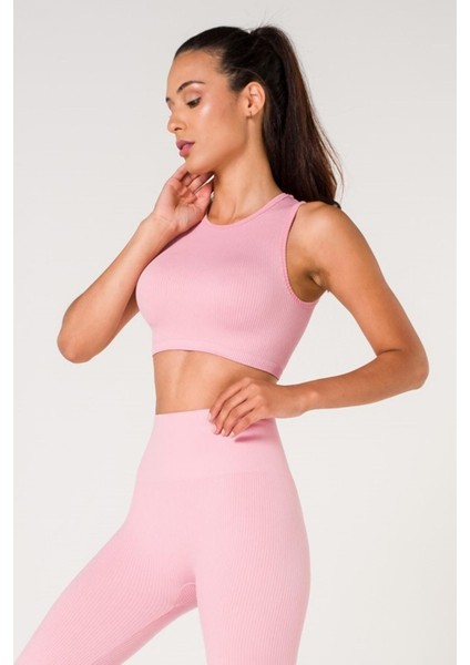 New Season Fitilli Crop Top Büstiyer Seamless Spor Sütyeni Pembe