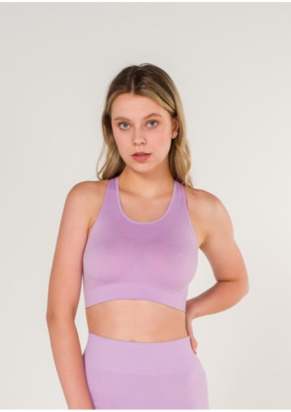 New Season Fitilli Çapraz Detaylı Crop Top Büstiyer Seamless Spor Sütyeni Lila