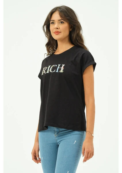 Siyah Kadın Rich Nakışlı Tişört Tshirt