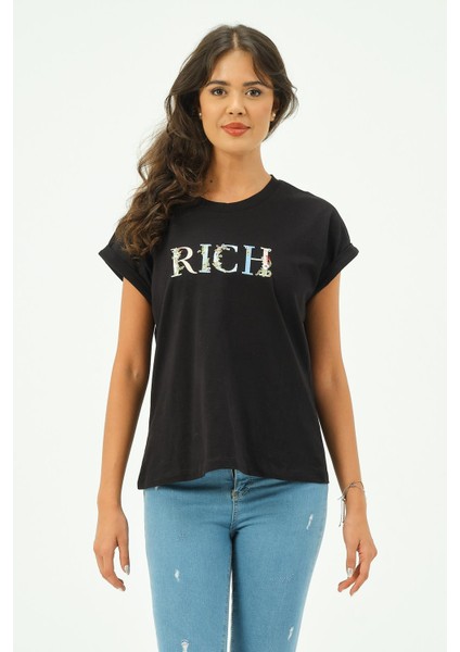 Siyah Kadın Rich Nakışlı Tişört Tshirt