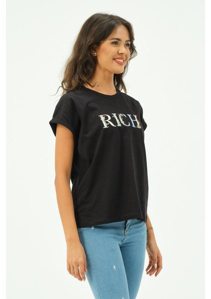 Siyah Kadın Rich Nakışlı Tişört Tshirt