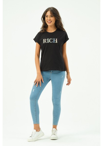 Siyah Kadın Rich Nakışlı Tişört Tshirt