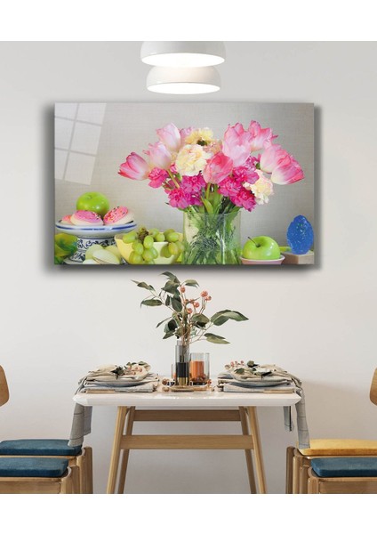 Eliza Home Meyveler Pembe Çiçekler Natürmort Cam Tablo fiyatları