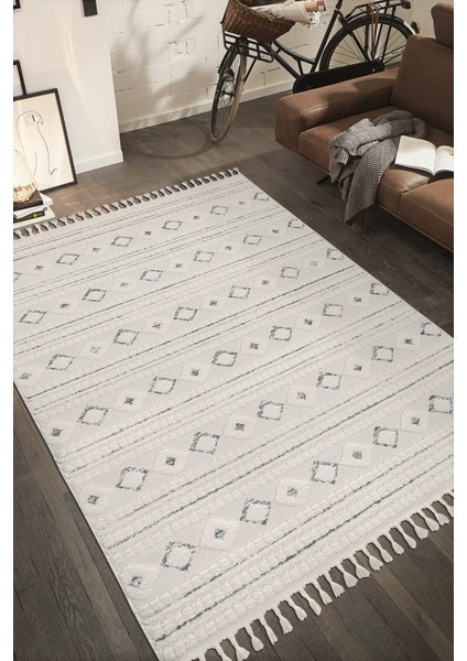 Enjoy Krem Gri Bukleli Yumuşak Peluş Shaggy Halı Salon Oturma Odası Halısı Çocuk Odası Mutfak Halısı 120 x 170