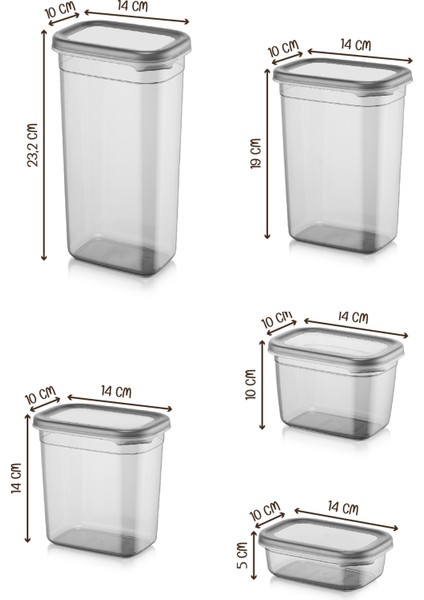 25LI Peggy Dikdörtgen Saklama Kabı Seti 5x(1,9 1,5 1,15 0,8 0,4 Litre) Serigrafi Etiketli
