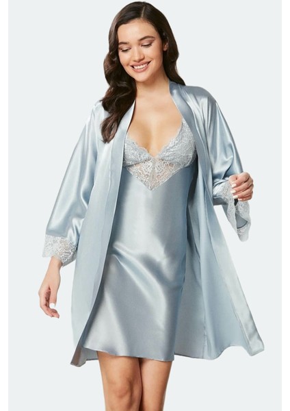 Saten Dantelli Gecelik Sabahlık Takım 4280 Mist