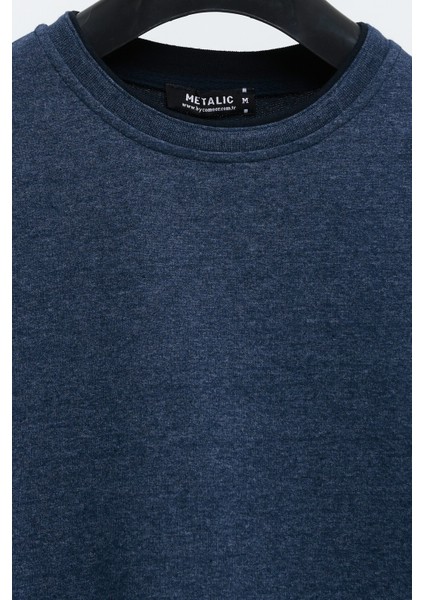 Erkek Indigo Çift Bisiklet Yaka Standart Rahat Kesim Sweatshirt
