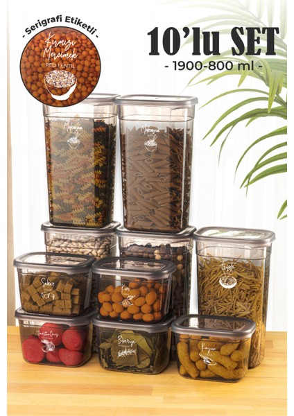 10LU Peggy Dikdörtgen Saklama Kabı Seti 5x(1,9 0,8 Litre) Serigrafi Etiketli