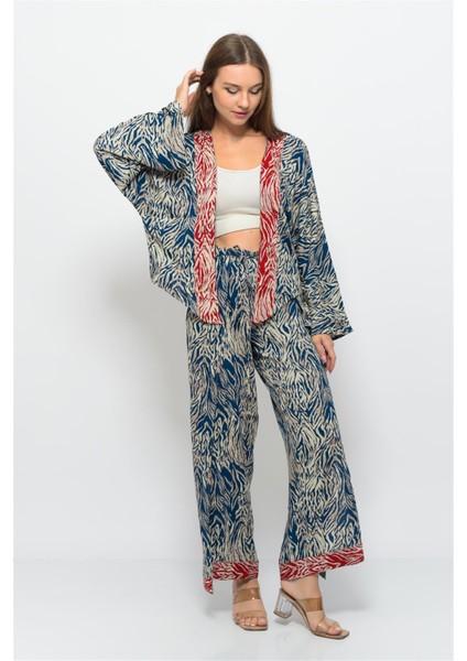 Desenli Pareo Pantolon & Crop Kimono Mavi Krem