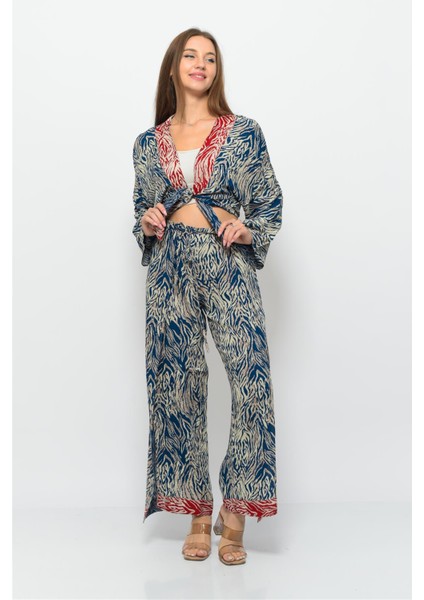 Desenli Pareo Pantolon & Crop Kimono Mavi Krem