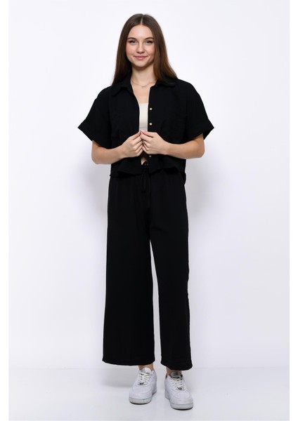 Aerobin Crop Gömlek Beli Lastikli Pantolon 2li Takım Siyah