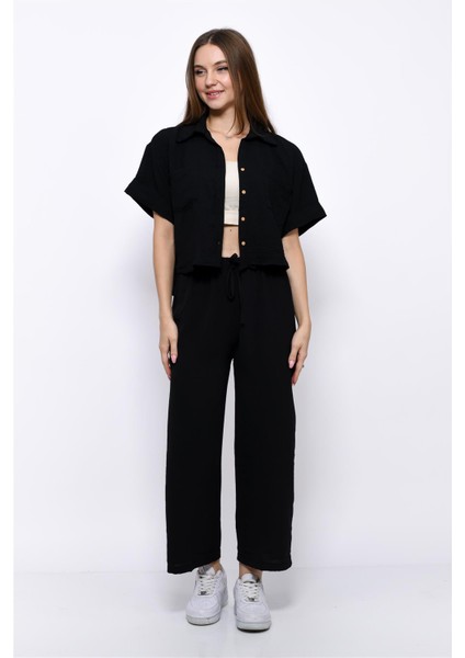 Aerobin Crop Gömlek Beli Lastikli Pantolon 2li Takım Siyah