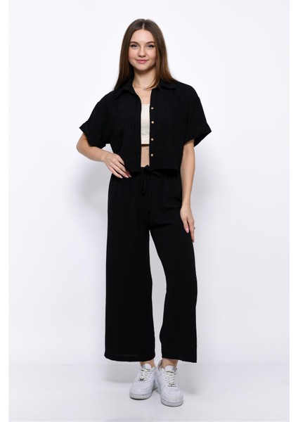 Aerobin Crop Gömlek Beli Lastikli Pantolon 2li Takım Siyah