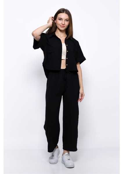 Aerobin Crop Gömlek Beli Lastikli Pantolon 2li Takım Siyah