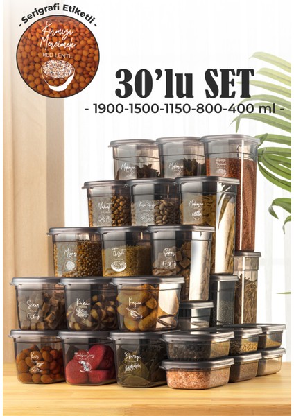 30LU Peggy Dikdörtgen Saklama Kabı Seti 6x(1,9 1,5 1,15 0,8 0,4 Litre) Serigrafi Etiketli