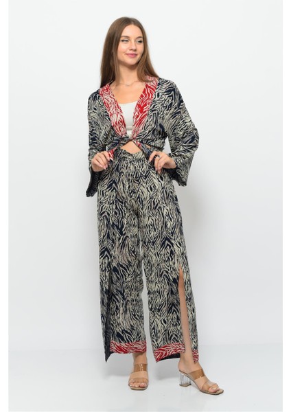 Desenli Pareo Pantolon & Crop Kimono Lacivert Krem