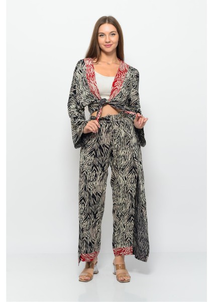 Desenli Pareo Pantolon & Crop Kimono Siyah Krem fiyatları