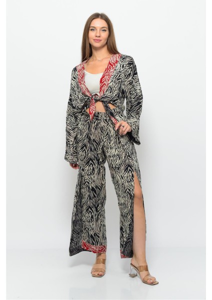 Desenli Pareo Pantolon & Crop Kimono Siyah Krem modelleri