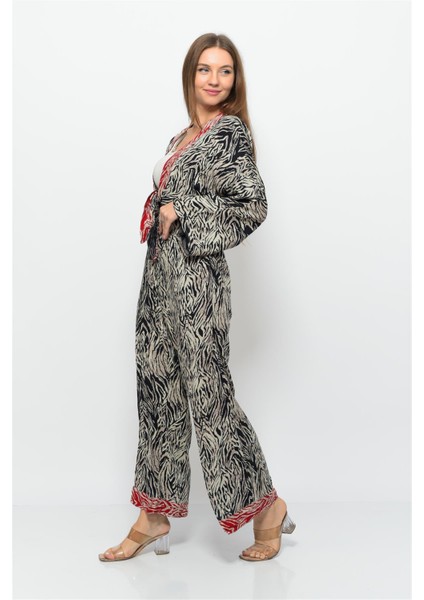 Desenli Pareo Pantolon & Crop Kimono Siyah Krem fırsatları
