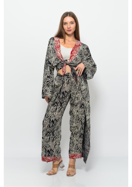 Desenli Pareo Pantolon & Crop Kimono Siyah Krem indirimleri