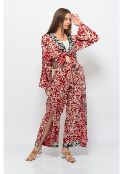 Desenli Pareo Pantolon & Crop Kimono Kırmızı Krem