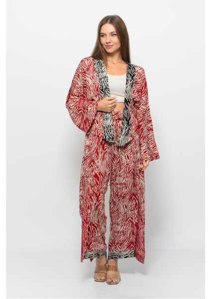 Desenli Pareo Pantolon & Crop Kimono Kırmızı Krem fiyatları