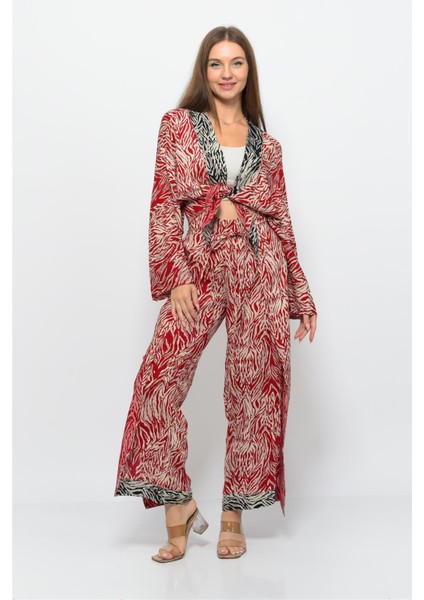 Desenli Pareo Pantolon & Crop Kimono Kırmızı Krem modelleri